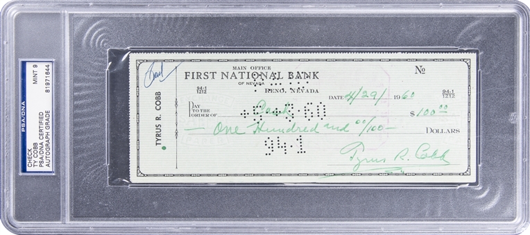 Ty Cobb Signed $100.00 Check Dated 4/29/60 (PSA/DNA MINT 9)